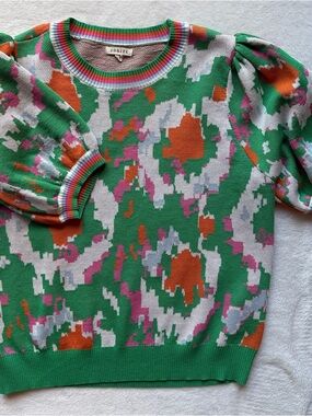 JODIFL Green Multi-Color Puff Sleeve Knit Sweater